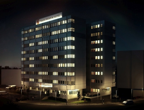 3D Visualisierung des 7 Days Premium Hotel in Offenbach als Dämmerung Darstellung