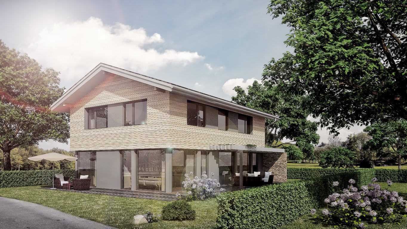 3D-Visualisierung Musterhaus in Poing bei München . Freistehend in wohnlicher Situation, ohne Nachbargebäude