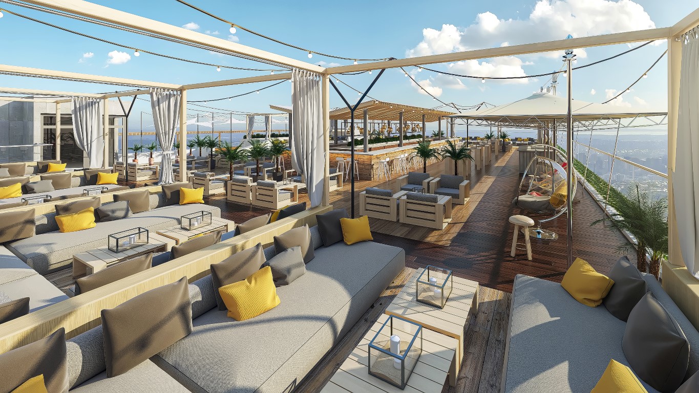 3D Visualisierung Tageslicht Szene einer Rooftopbar auf dem Adlerparkhaus in Nürnberg