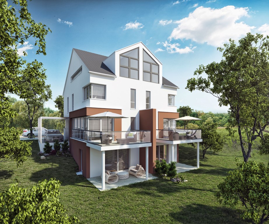 Architekturvisualisierung Tageslicht-Szene eines MFH mit Umgebung