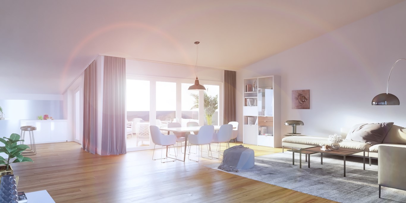 Visualisierung eines Dachgeschoss, Tageslicht-Szene eines Wohnraumes in 75015 Bretten