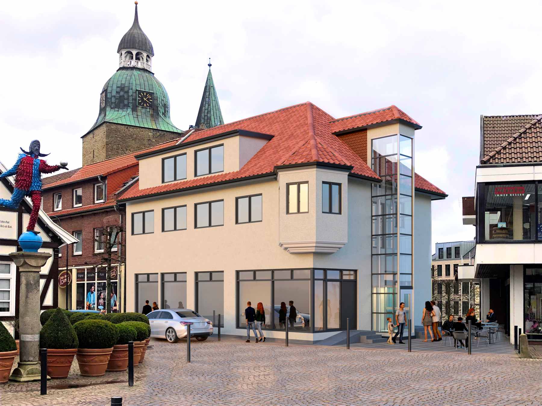 Architekturvisualisierung mit Fotomontage. Das Renderbild wird nach fertigstellung in ein bestehendes Foto montiert.